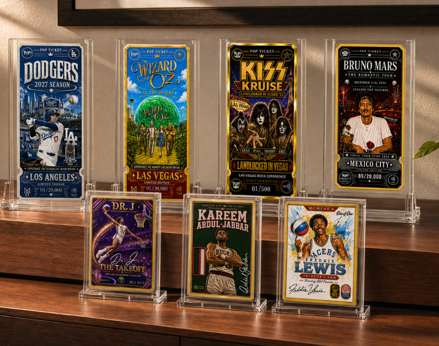 Four MOMENT 8 POP Tickets and three Legacy Moment Cards displayed in clear stands on a walnut console